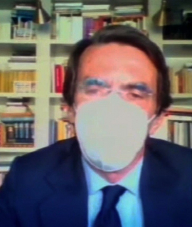 José María Aznar durante la declaración telemática.