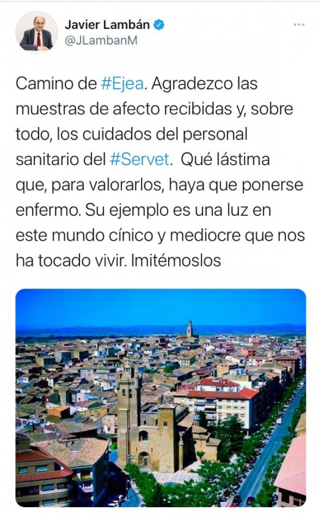 Imagen del "tuit" publicado por el presidente aragonés