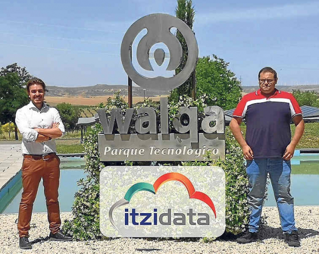 César Ordás y Dani Sauras, junto al hito del Parque Tecnológico Walqa de Huesca.