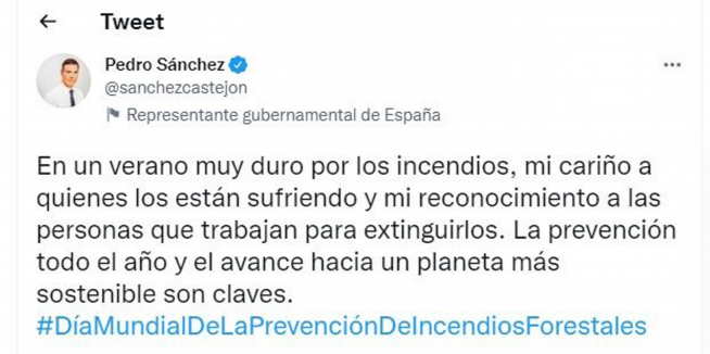Mensaje de Pedro Sánchez en Twitter.