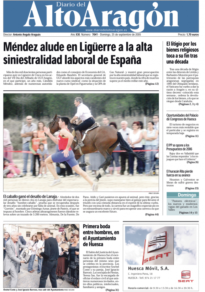 Portada de Diario del AltoAragón con la primera boda homosexual celebrada en la capital altoaragonesa.