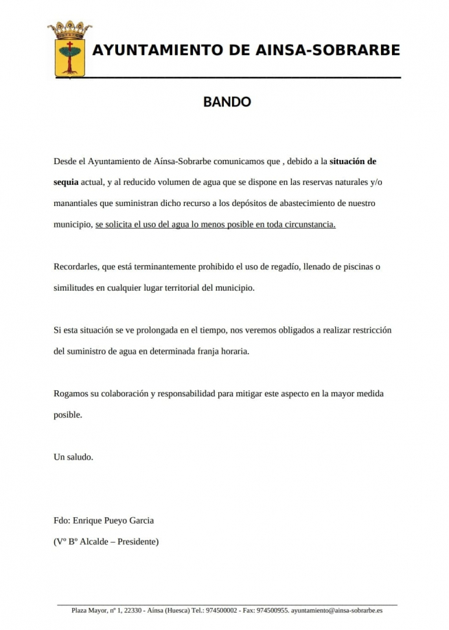 Bando publicado por el Ayuntamiento de Aínsa.