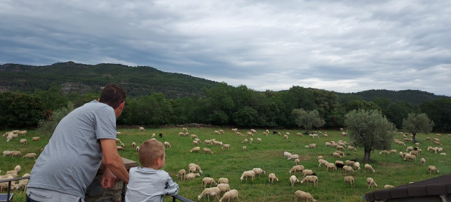 Daneli Joaquín, con su padre, mirando unas ovejas desde la terraza de su casa en Arcusa.
