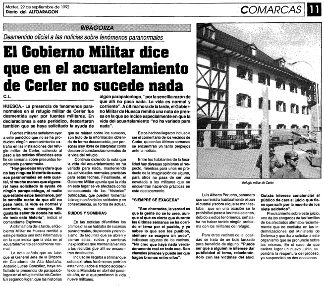 El caso de supuestos sucesos paranoramales en el cuartel de Cerler también salto a las páginas de este periódico en 1992.