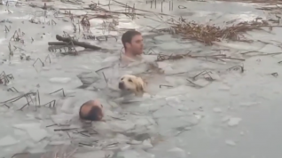 Dos guardias civiles rescatan a un perro en una balsa en Badaguas