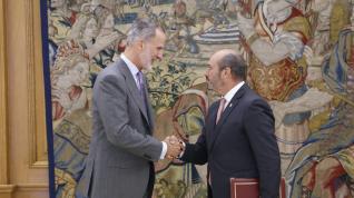 El rey Felipe VI recibe en audiencia al nuevo presidente del Senado, Pedro Rollán, en el Palacio de la Zarzuela en Madrid.
