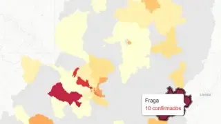 Mapa de nuevos contagios de covid, donde destaca la zona de salud de Fraga