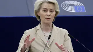 Ursula Von der Leyen ayer durante su discurso ante el Parlamento Europeo.