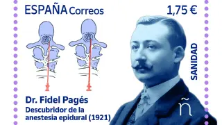 Foto del sello que Correos dedica al médico oscense Fidel Pagés, descubridor de la epidural.