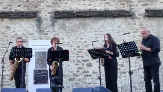 Cuarteto dde Saxofones Ciudad de sabiñánigo actuando en el pueblo de El Puente, municipio de Sabiñánigo 10-9-23