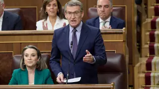 El presidente del PP, Alberto Núñez Feijóo, interviene durante una sesión de control al Gobierno, en el Congreso de los Diputados.
