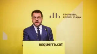 El presidente de la Generalitat de Catalunya y candidato de ERC a la reelección, Pere Aragonès, durante una rueda de prensa en la sede de ERC.