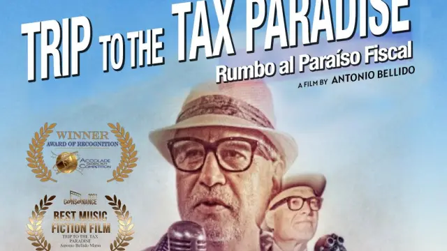 Cartel de ‘Rumbo al paraíso fiscal’, película muda de Antonio Bellido Marín.