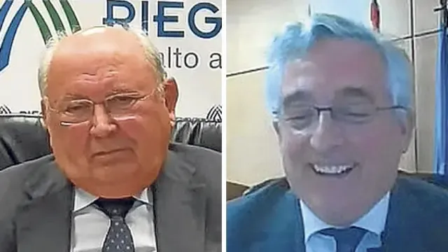 César Trillo y Joaquín Olona en la clausura de la jornada de Riegos del Alto Aragón.