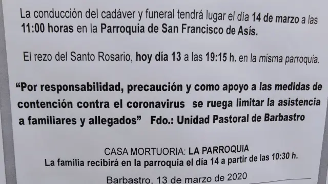 El Obispado de Huesca dispone la suspensión de misas, bodas y funerales