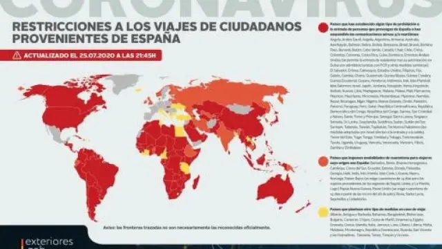Exteriores actualiza su mapa de restricciones de viaje por la pandemia de coronavirus
