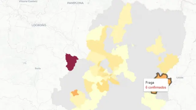 Mapa de nuevos contagios de covid publicado este domingo por el Gobierno de Aragón.