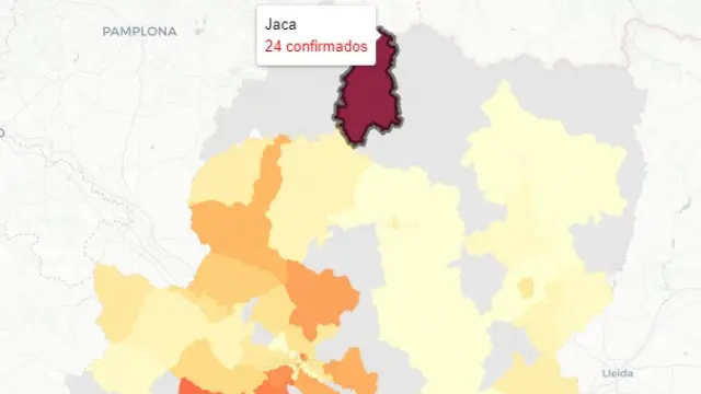 Mapa publicado este viernes con las zonas aragonesas afectadas por nuevos contagios de covid-19