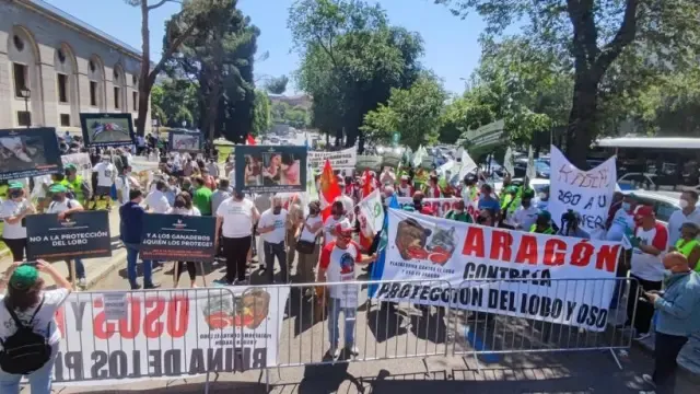 Manifestantes de Aragón en una concentración en Madrid contra la inclusión del lobo en la Lespre.