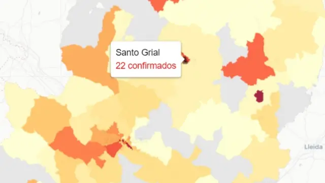 Imagen del mapa de Aragón que informa este domingo de los nuevos contagios de covid.