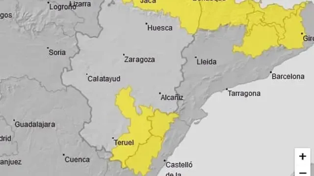 Mapa con las zonas en aviso amarillo por lluvias y tormentas