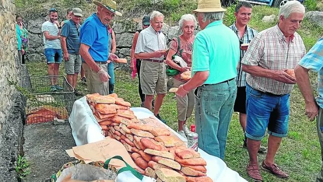 Tradicional reparto de torta realizado en la romería de la ermita de San Bllascut.