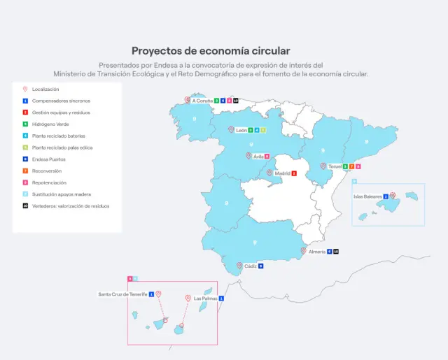 Mapa con los proyectos de economía circular de Endesa.