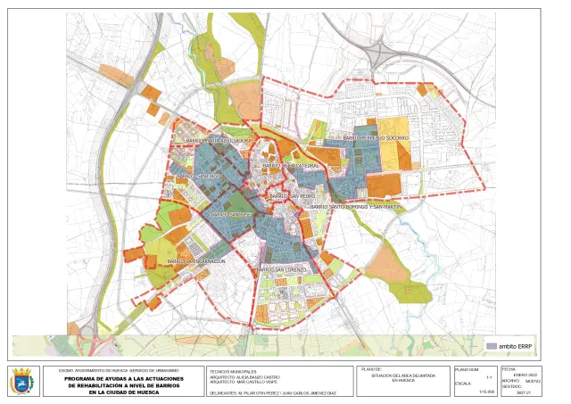 Plano del municipio de Huesca donde están señalizadas las zonas donde se intervendría