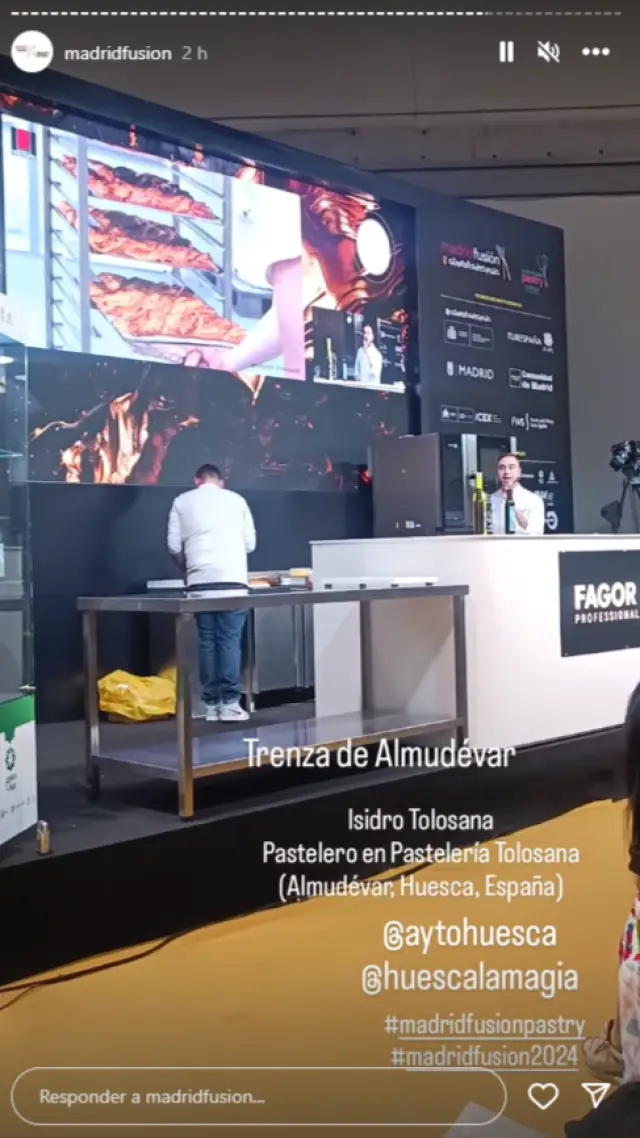 Captura de pantalla de las stories de Madrid Fusión en Instagram, durante la intervención de Isidro Tolosana, presentando la Trenza de Almudévar.