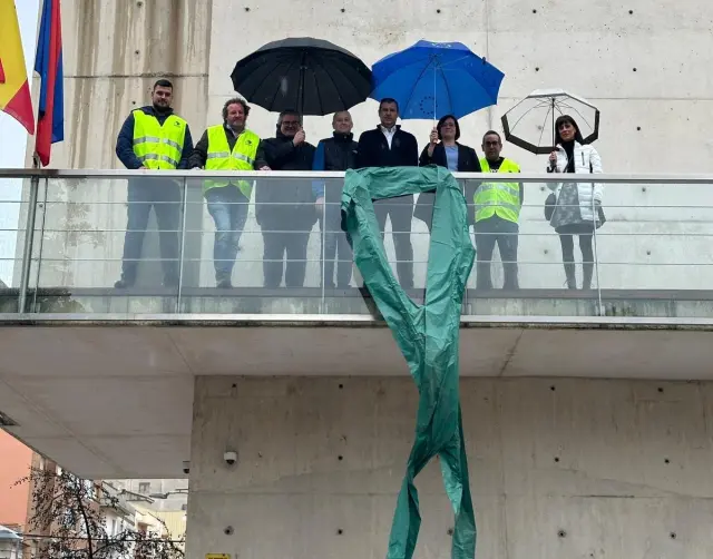 Miembros de Hega cuelgan un lazo verde de apoyo al campo en el Ayuntamiento de Binéfar.