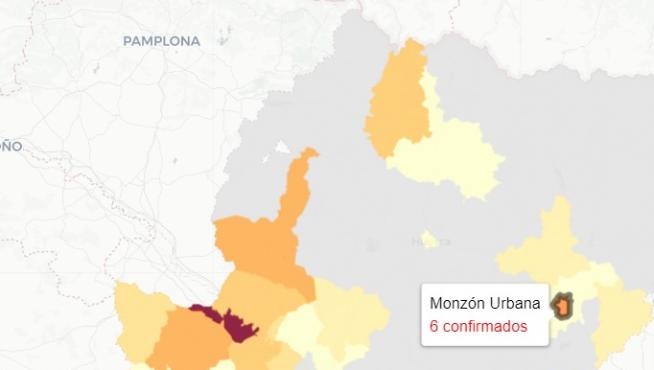 Mapa con los nuevos casos covid en Aragón, publicado este martes