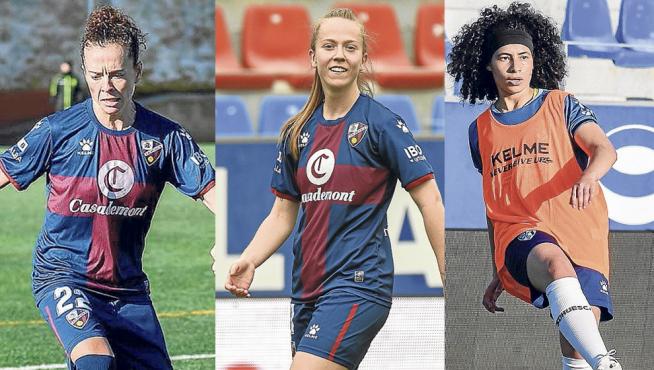 Nuria Mallada, Julia Sanz y Vanesa Ramírez, jugadoras de la SD Huesca Femenino.