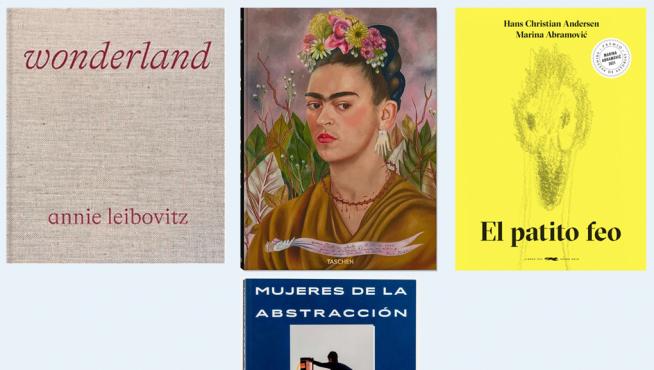 Portadas de 'Wonderland', 'Frida Kahlo, obra pictórica completa', 'Mujeres de la abstracción' y 'El patito feo'.