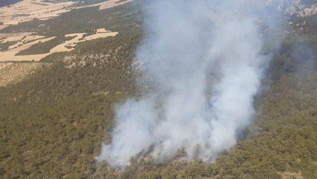 Vista aérea de la zona afectada por el incendio en Estopiñán del Castillo.