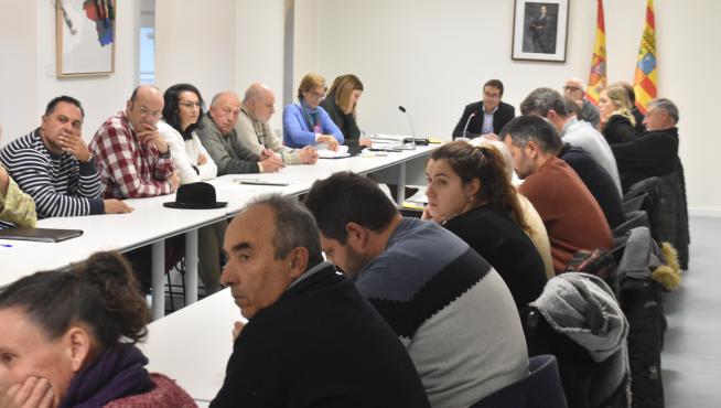Jesús Alfaro, presidente de la Comarca Hoya de Huesca, junto al resto de consejeros en el pleno en el que se han aprobado los presupuestos.