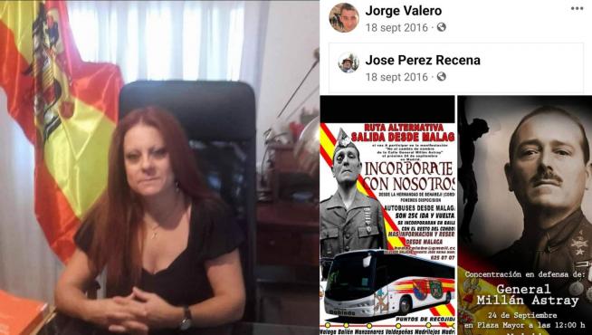Esmeralda Pastor, junto a una bandera preconstitucional, y el perfil de Jorge Valero, elogiando a Millán Astray.