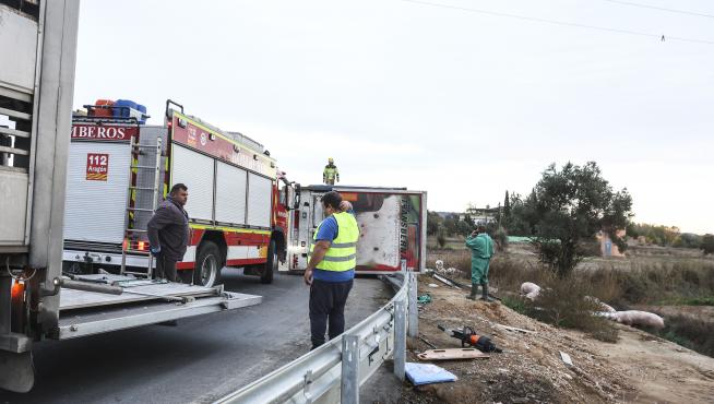 Hasta el lugar del accidente se han desplazado los Bomberos de Huesca, Guardia Civil y otro vehículo similar para recoger a los animales.