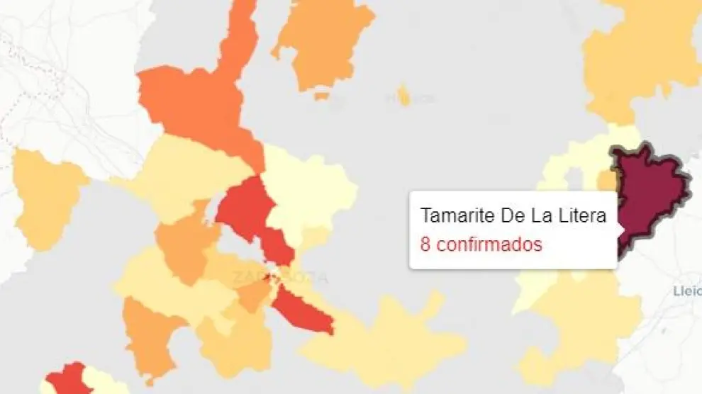 Mapa con los datos de covid publicados este viernes por el Gobierno de Aragón.