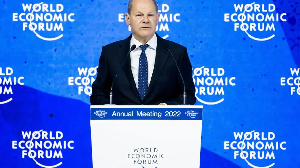 El canciller alemán, Olaf Scholz, este jueves durante su intervención en el foro de Davos.
