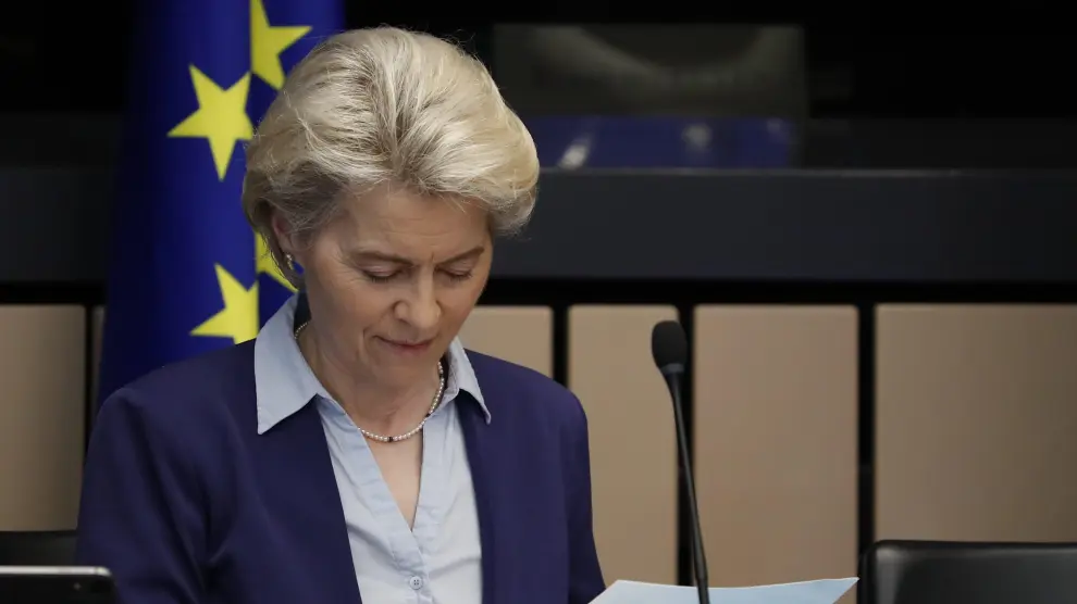 La presidenta de la Comisión Europea, Ursula Von der Leyen, este martes al inicio de la reunión celebrada en Bruselas.