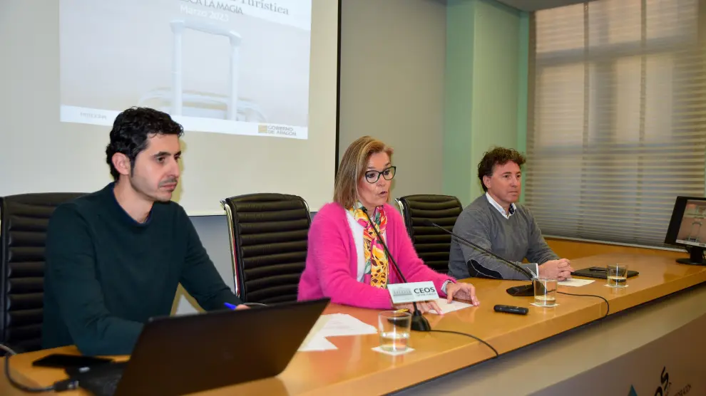 Pablo Villacampa, Anabel Costas y Fernando Blasco presentaron este lunes los Talleres de Gestión Turística 'Huesca La Magia'.