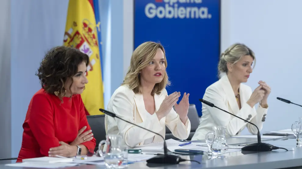 Montero, Alegría y Díaz, en la rueda de prensa tras el Consejo de Ministros.