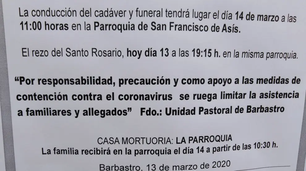 El Obispado de Huesca dispone la suspensión de misas, bodas y funerales
