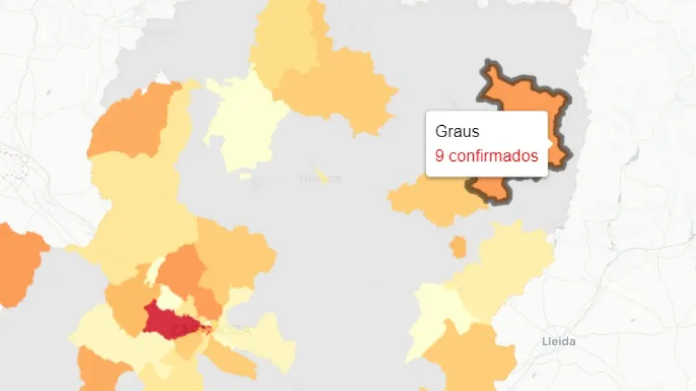 Mapa de nuevos contagios de covid-19 en Aragón, publicado este miércoles