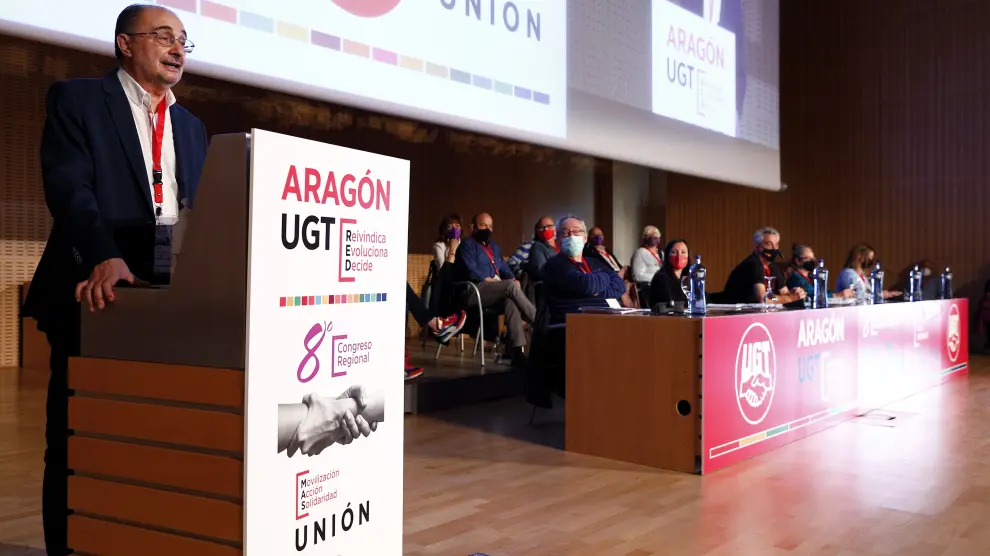 Intervención de Lambán en el Congreso Regional de UGT en Zaragoza.