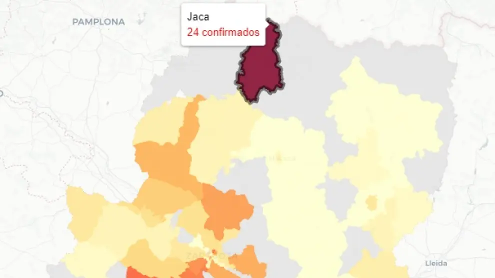 Mapa publicado este viernes con las zonas aragonesas afectadas por nuevos contagios de covid-19