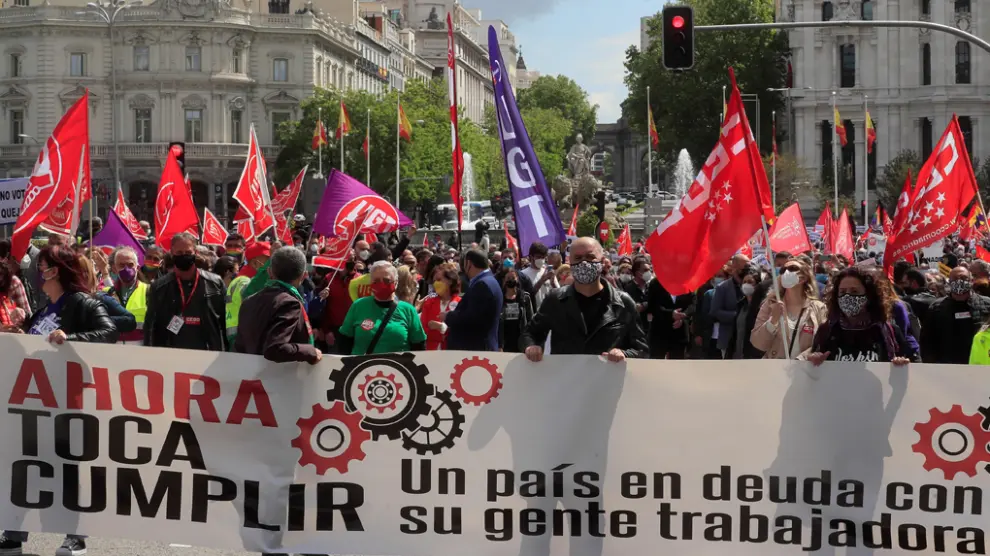 Cabecera de la manifestación del Primero de Mayo celebrada el sábado en Madrid.