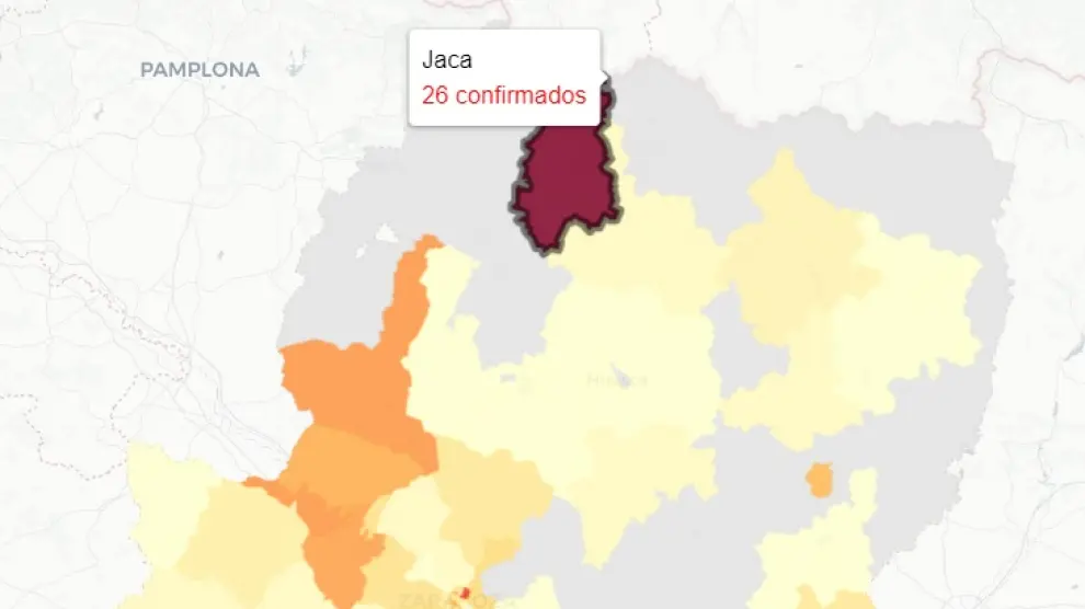 Mapa con los nuevos contagios covid publicado este miércoles por el Gobierno de Aragón.