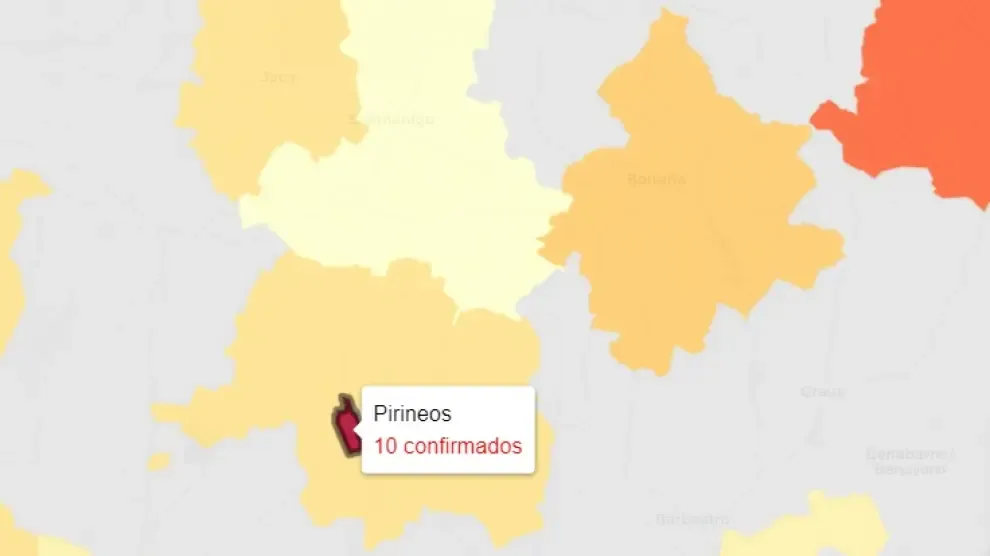 Mapa de nuevos contagios de covid en Aragón, con el centro de salud Pirineos destacado por malos datos