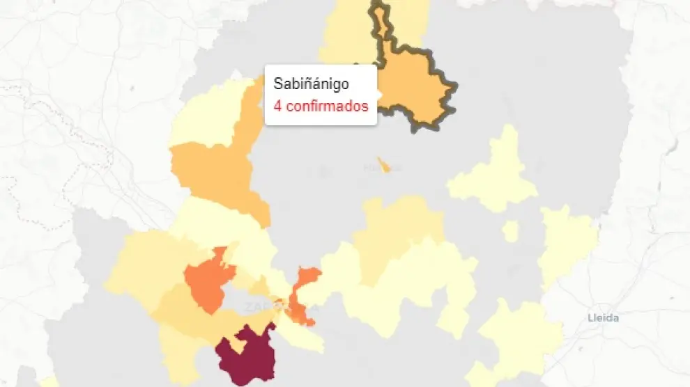 Mapa de nuevos casos de covid en Aragón, publicado este jueves